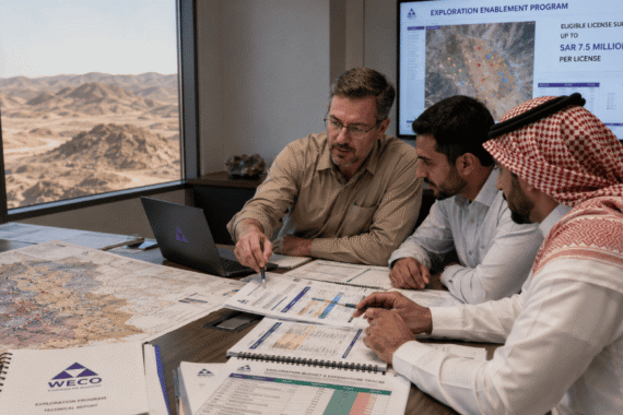 Mining exploration team reviewing geological maps and exploration funding documentation for a Saudi Arabia mineral exploration project.