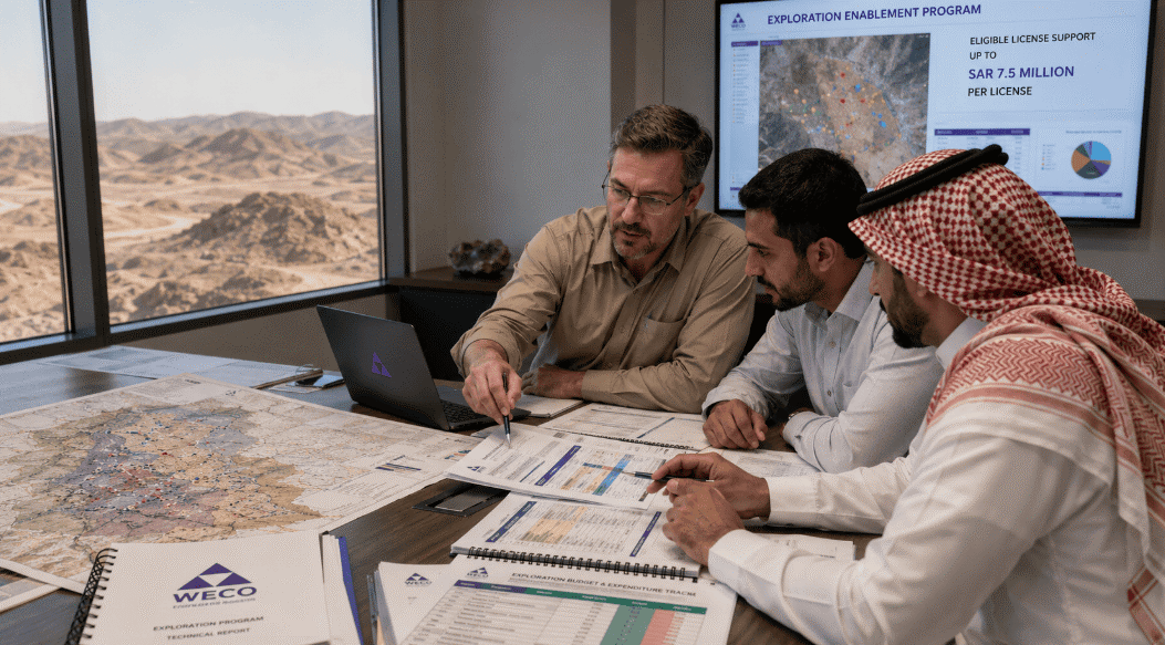 Mining exploration team reviewing geological maps and exploration funding documentation for a Saudi Arabia mineral exploration project.