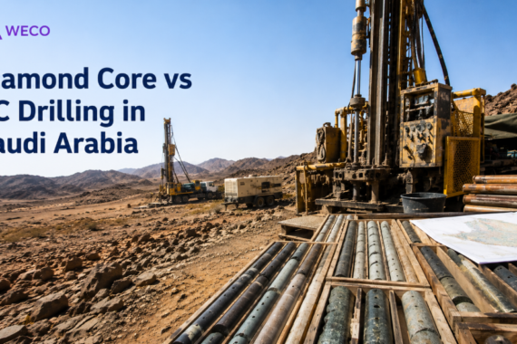 Diamond core and RC drilling equipment at a Saudi Arabian mining exploration site in the Arabian Shield.