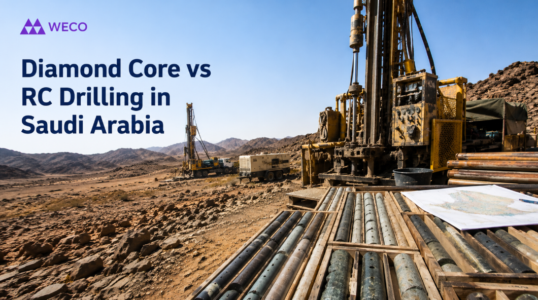 Diamond core and RC drilling equipment at a Saudi Arabian mining exploration site in the Arabian Shield.