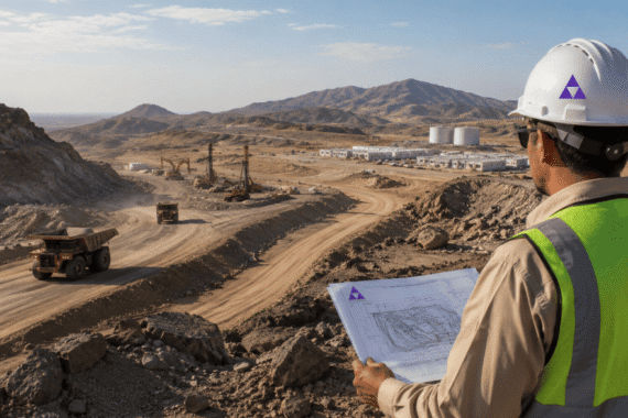 Greenfield mining site infrastructure development in Saudi Arabia showing a heavy haul road, earthworks, mining site preparation, and remote Arabian Shield terrain