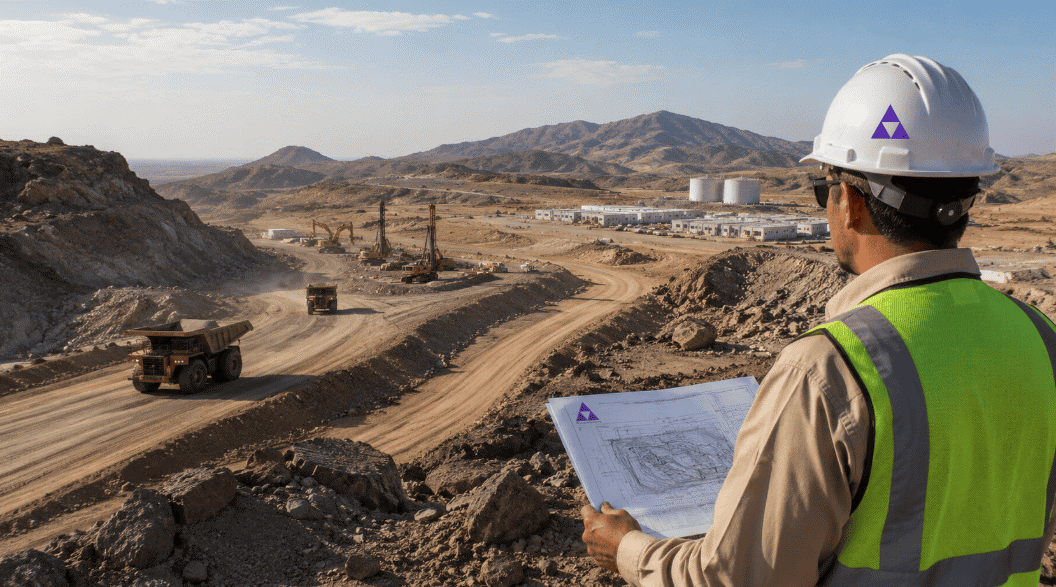 Greenfield mining site infrastructure development in Saudi Arabia showing a heavy haul road, earthworks, mining site preparation, and remote Arabian Shield terrain