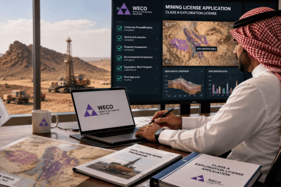: Professional mining licensing consultant reviewing Saudi Arabia exploration license documents and geological data on a digital screen in a corporate consulting environment.