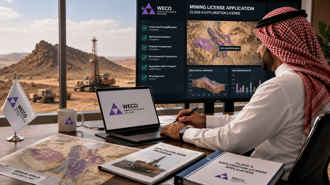 : Professional mining licensing consultant reviewing Saudi Arabia exploration license documents and geological data on a digital screen in a corporate consulting environment.