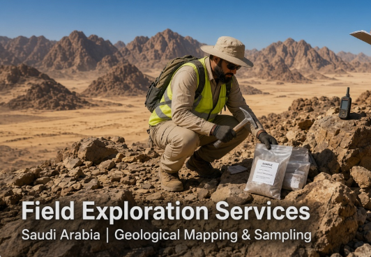 Field exploration services in Saudi Arabia: geologists mapping and sampling in the field