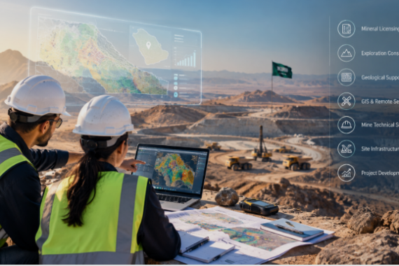 Saudi mining consultants reviewing geological data at a mining site