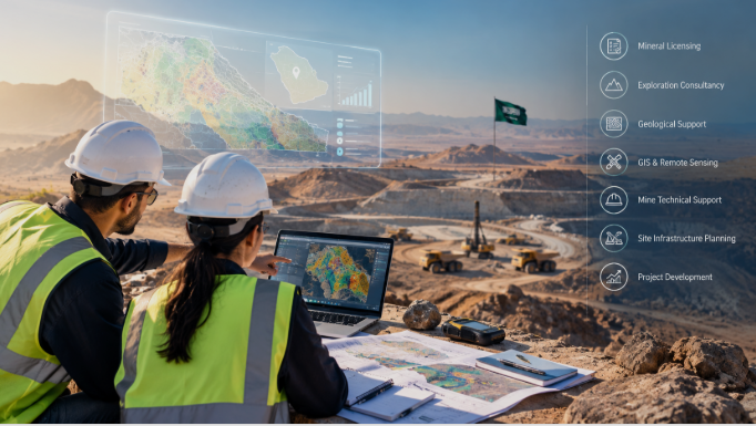 Saudi mining consultants reviewing geological data at a mining site