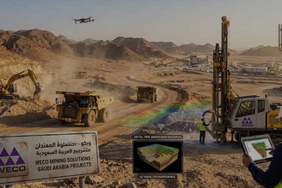 Heavy mining equipment, haul trucks, and digital twin technology operating at a WECO mining site in Saudi Arabia