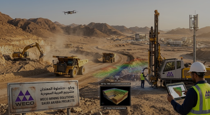 Heavy mining equipment, haul trucks, and digital twin technology operating at a WECO mining site in Saudi Arabia