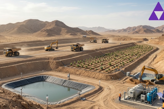 Sustainable mining practices in Saudi Arabia showing water management and land rehabilitation at an open-pit site
