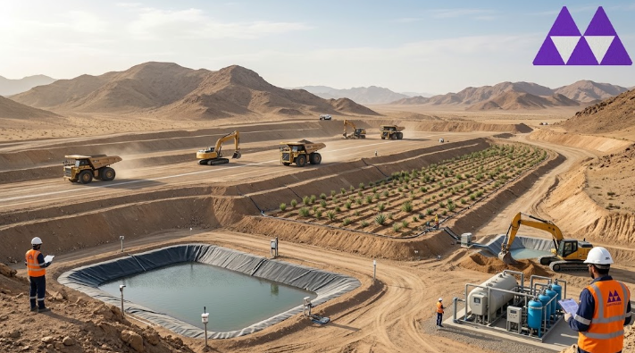 Sustainable mining practices in Saudi Arabia showing water management and land rehabilitation at an open-pit site